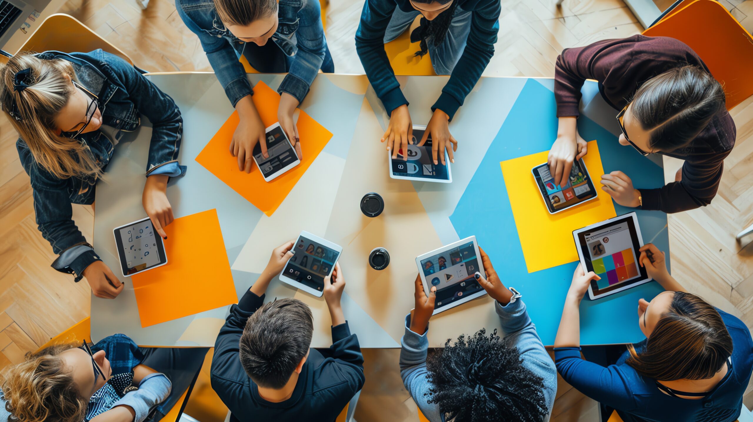 A group of diverse students use tablets to learn in a classroom.